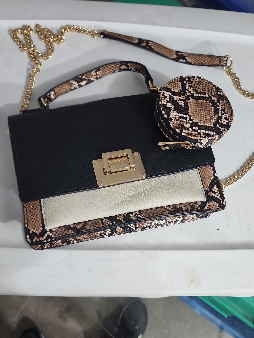 Aldo Black, Cream & Snake Print Crossbody with Coin Pouch